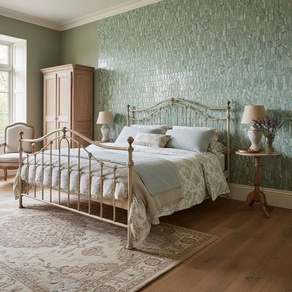 Green textured ceramic tile wall behind bed.