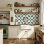 Decorative ceramic tile with a floral pattern in shades of green and white, featuring a textured surface.
