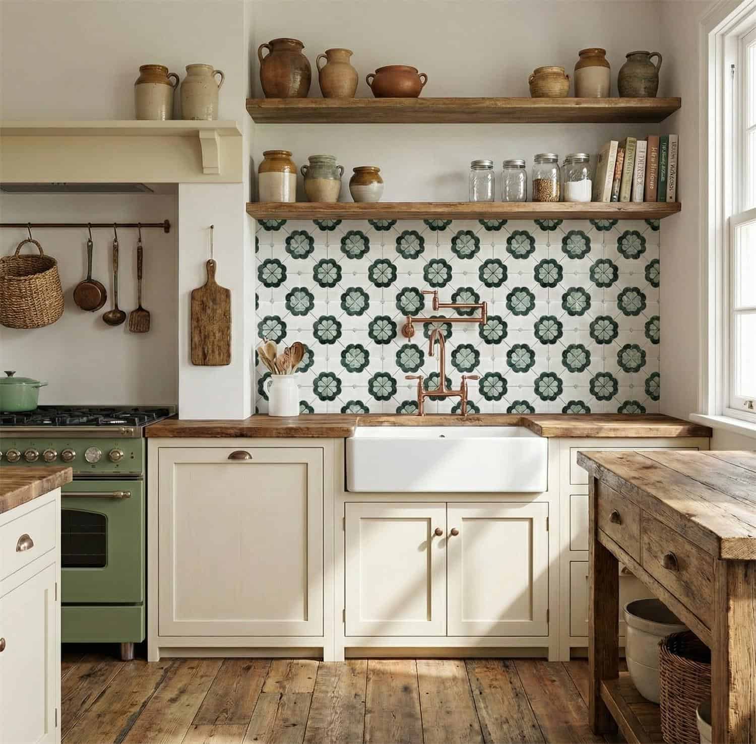 Decorative ceramic tile with a floral pattern in shades of green and white, featuring a textured surface.