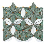 Green and white peel and stick wall tile with geometric pattern for backsplash or accent wall.