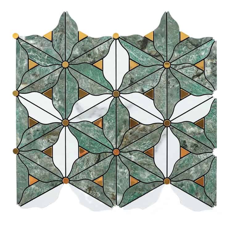 Green and white peel and stick wall tile with geometric pattern for backsplash or accent wall.