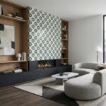 Patterned tile with green and white floral design, textured surface, in a contemporary living room.