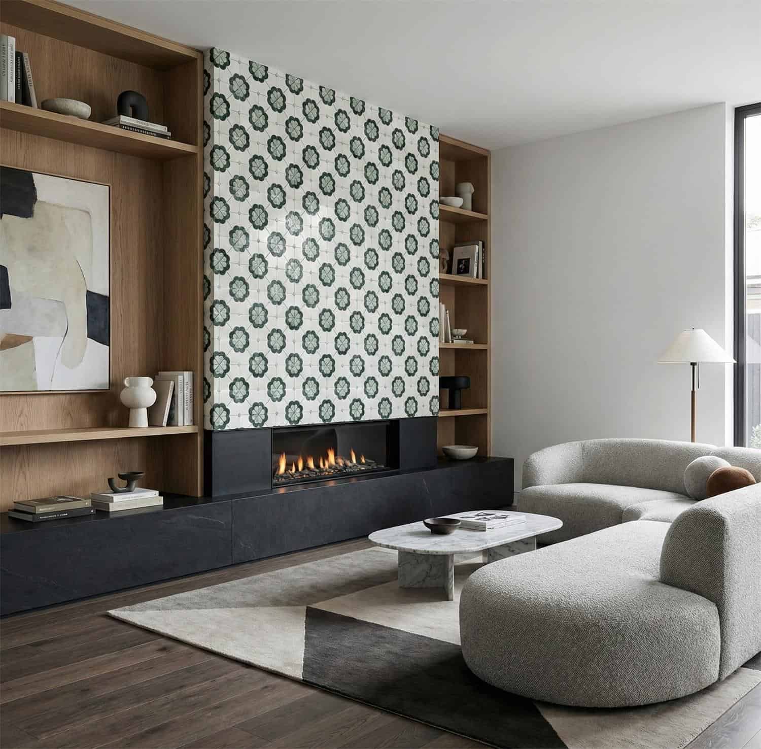 Patterned tile with green and white floral design, textured surface, in a contemporary living room.