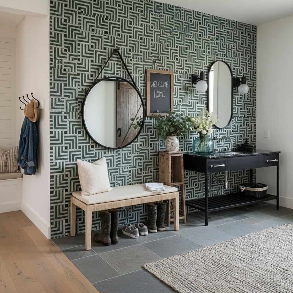 Gray and white geometric patterned tiles with a textured surface.