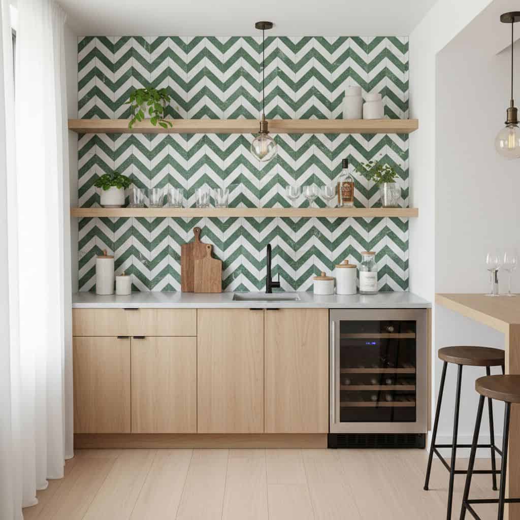 Image of a modern kitchen with green and white chevron peel and stick tile backsplash, wooden shelves, and minimalist decor.