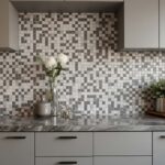 A stylish kitchen featuring a mosaic glass tile backsplash with various shades of gray and white, complemented by sleek cabin.