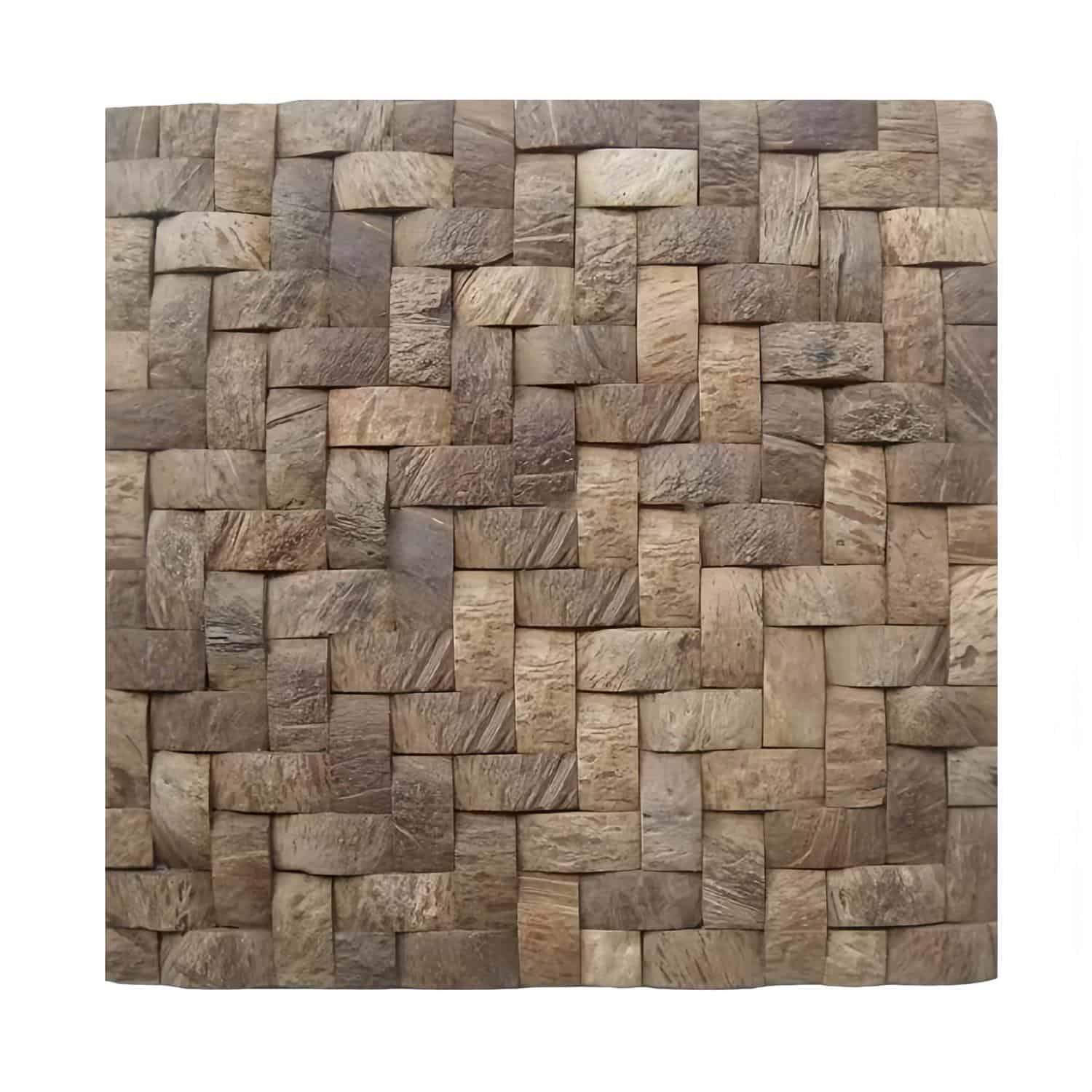 Natural brown wooden mosaic tile with a textured, interwoven pattern.