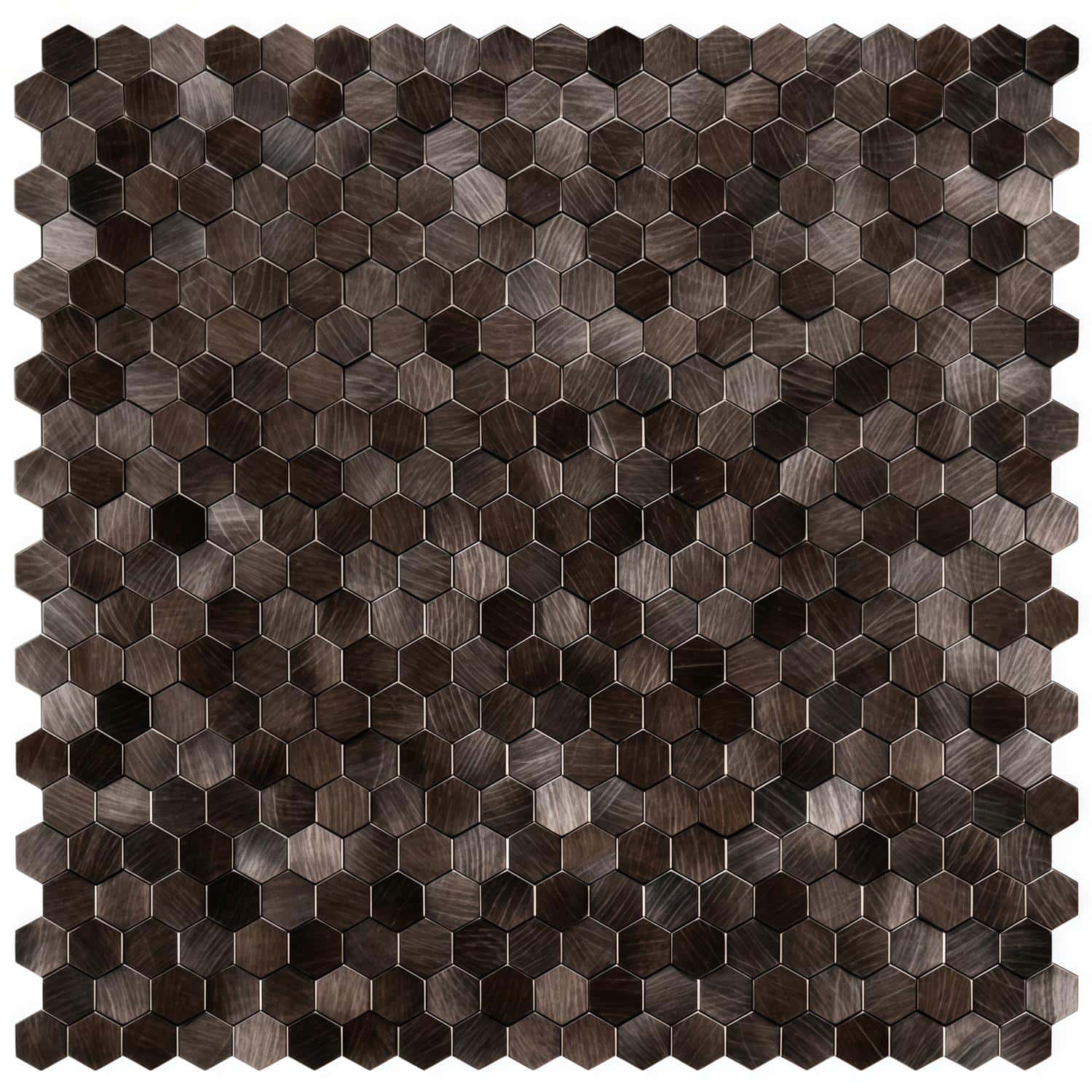 Dark brown hexagon wood tiles arranged in a honeycomb pattern for wall or backsplash design.