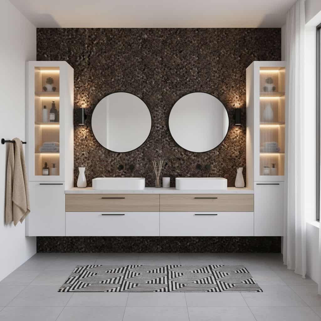 Modern bathroom with peel and stick tile backsplash, round mirrors, and sleek vanity.