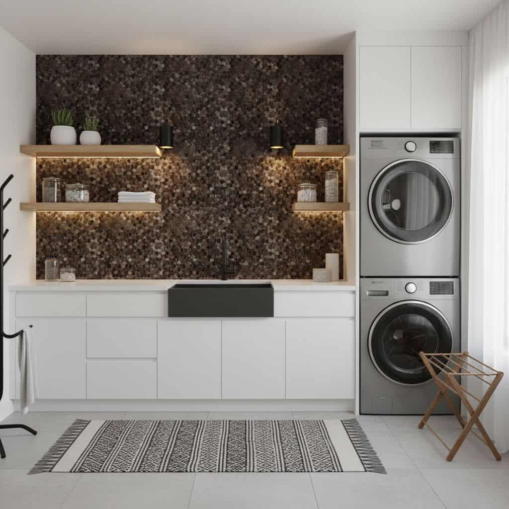 Modern laundry room with peel and stick tile backsplash, washer, dryer, and minimalist decor.