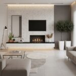 Bright white textured tile wall with a sleek fireplace and mounted TV, complemented by minimalist decor and natural light.