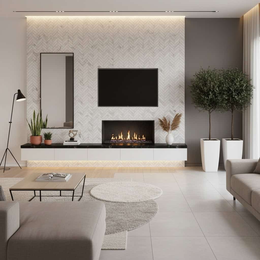 Bright white textured tile wall with a sleek fireplace and mounted TV, complemented by minimalist decor and natural light.