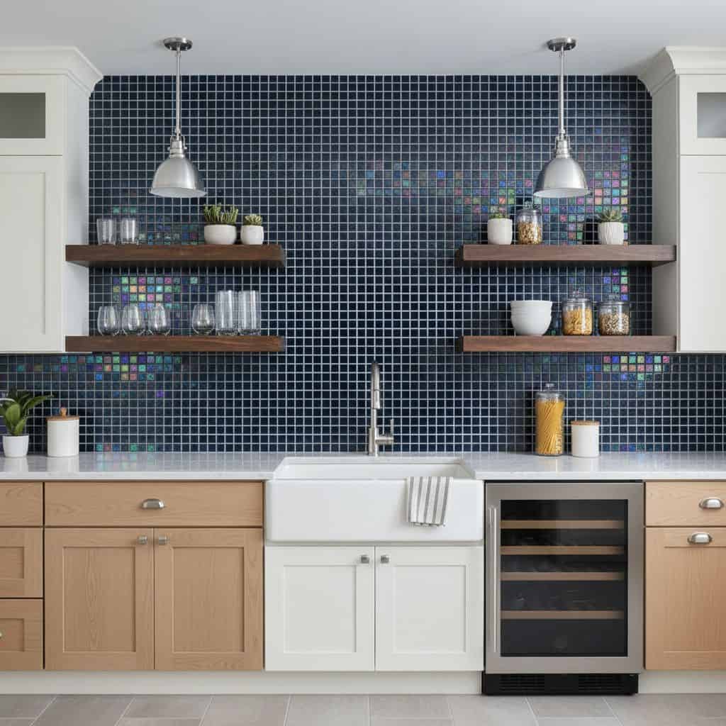 Bright blue glass mosaic tile backsplash behind the sink and countertop.