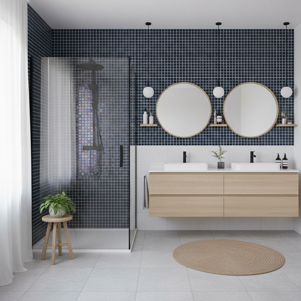 Glass tile backsplash in modern bathroom with double mirrors and shower enclosure.