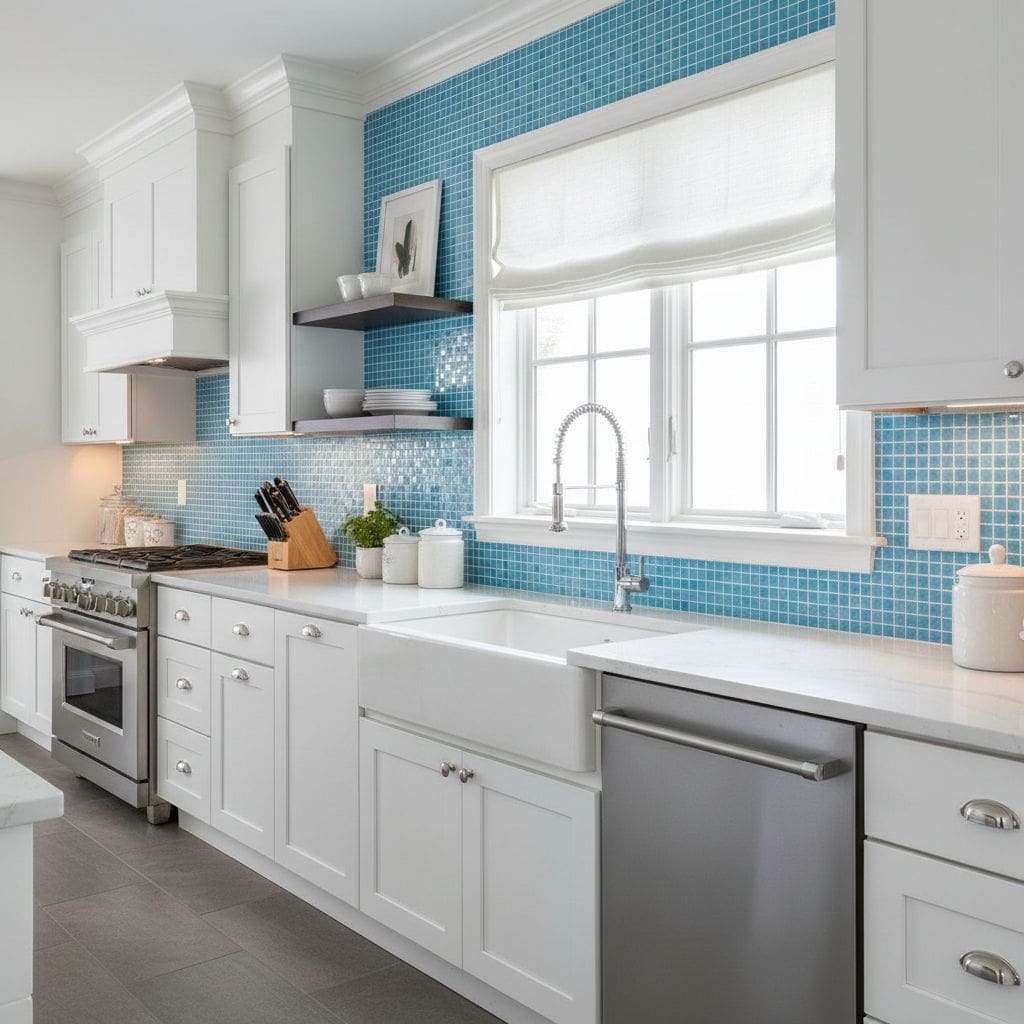 A stylish kitchen featuring a vibrant blue glass tile backsplash, white cabinetry, and a large window providing natural light.