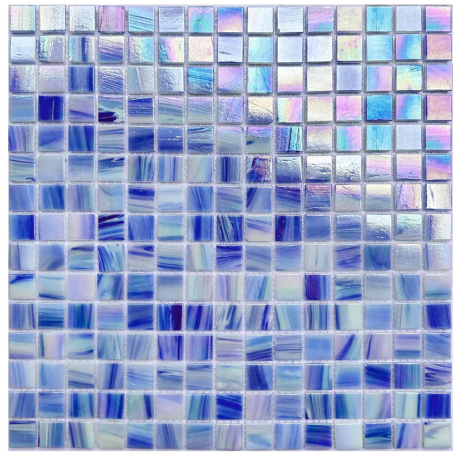 Colorful glass tile mosaic with iridescent finish for walls and pools.
