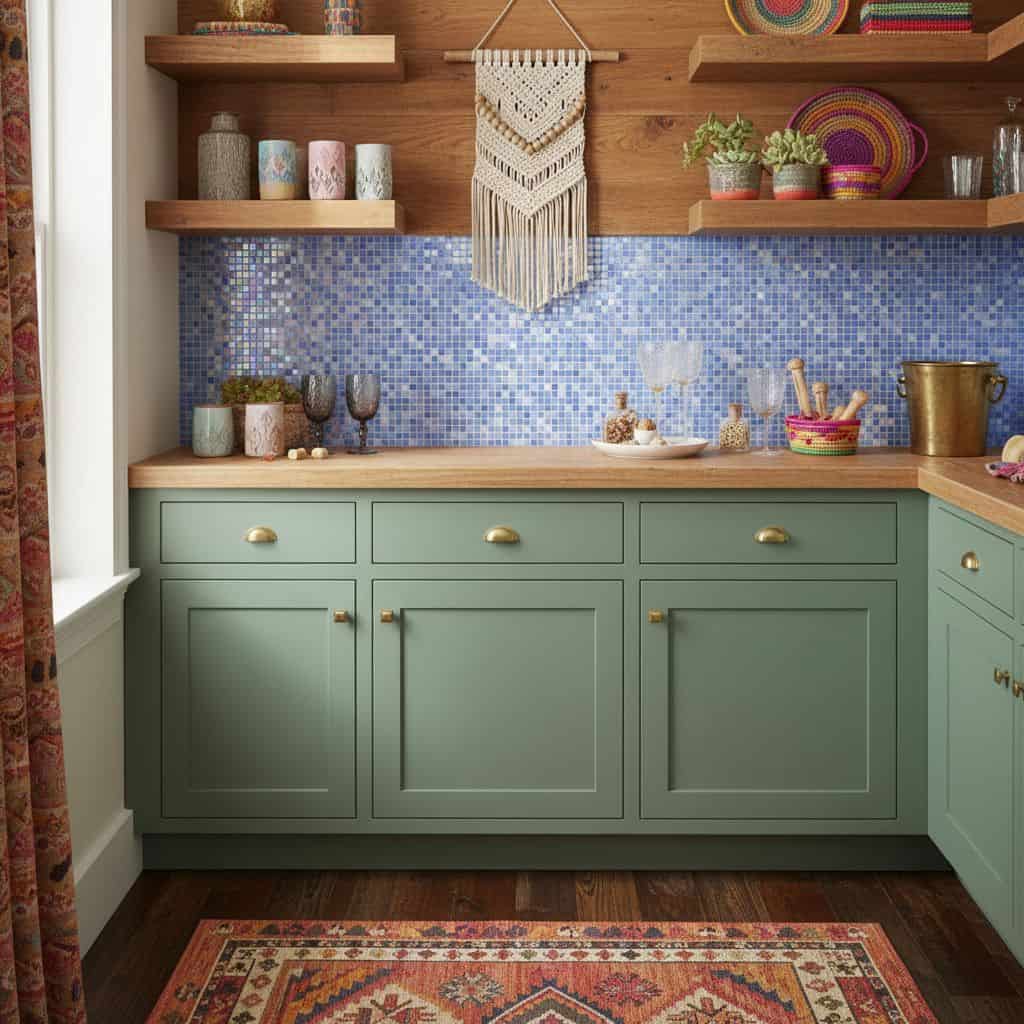 Bright mosaic glass tile backsplash with blue hues behind green cabinetry.