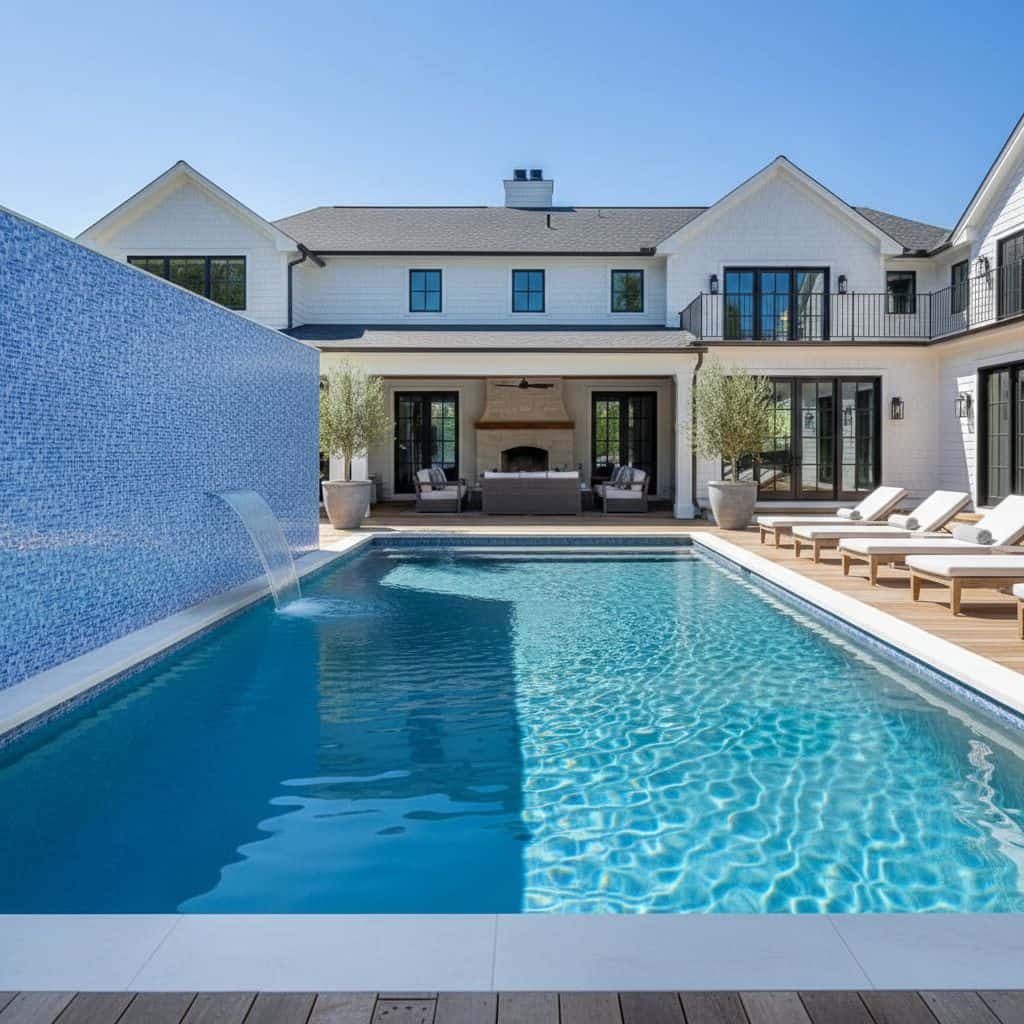 Pool with glass mosaic tile backsplash and contemporary outdoor furniture.
