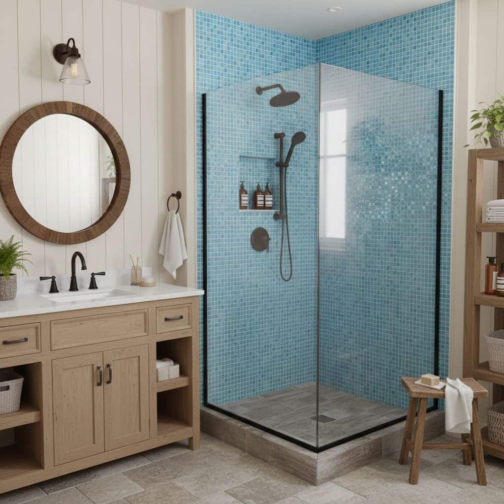 A bathroom featuring a glass tile backsplash in blue mosaic, a walk-in shower with glass enclosure, and natural wood accents.