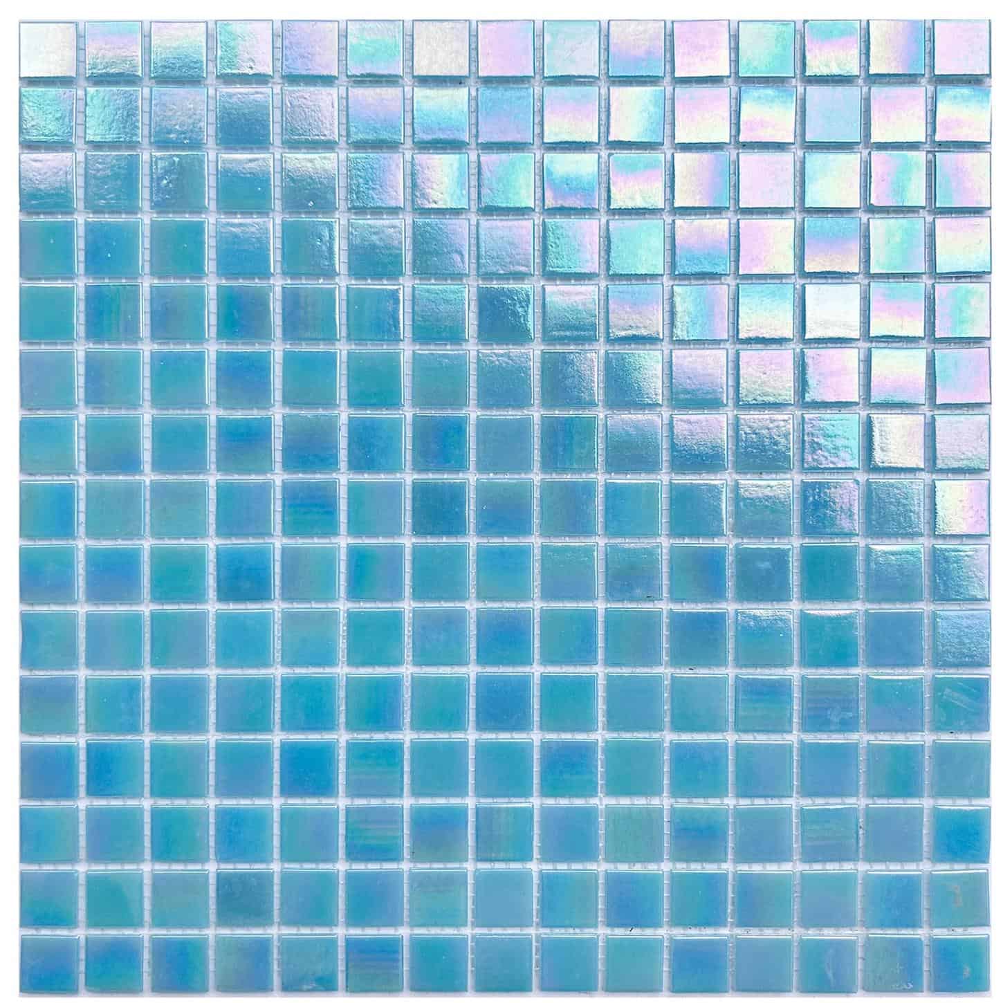 Colorful glass tile mosaic with iridescent finish, ideal for backsplashes and pools.