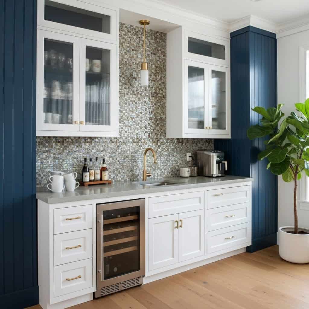 Mother of pearl shell tile used as a stylish kitchen backsplash with white cabinetry and blue accents.