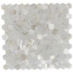 Mother of pearl shell tile with hexagonal shape, featuring iridescent, natural oyster shell patterns for elegant interior des.