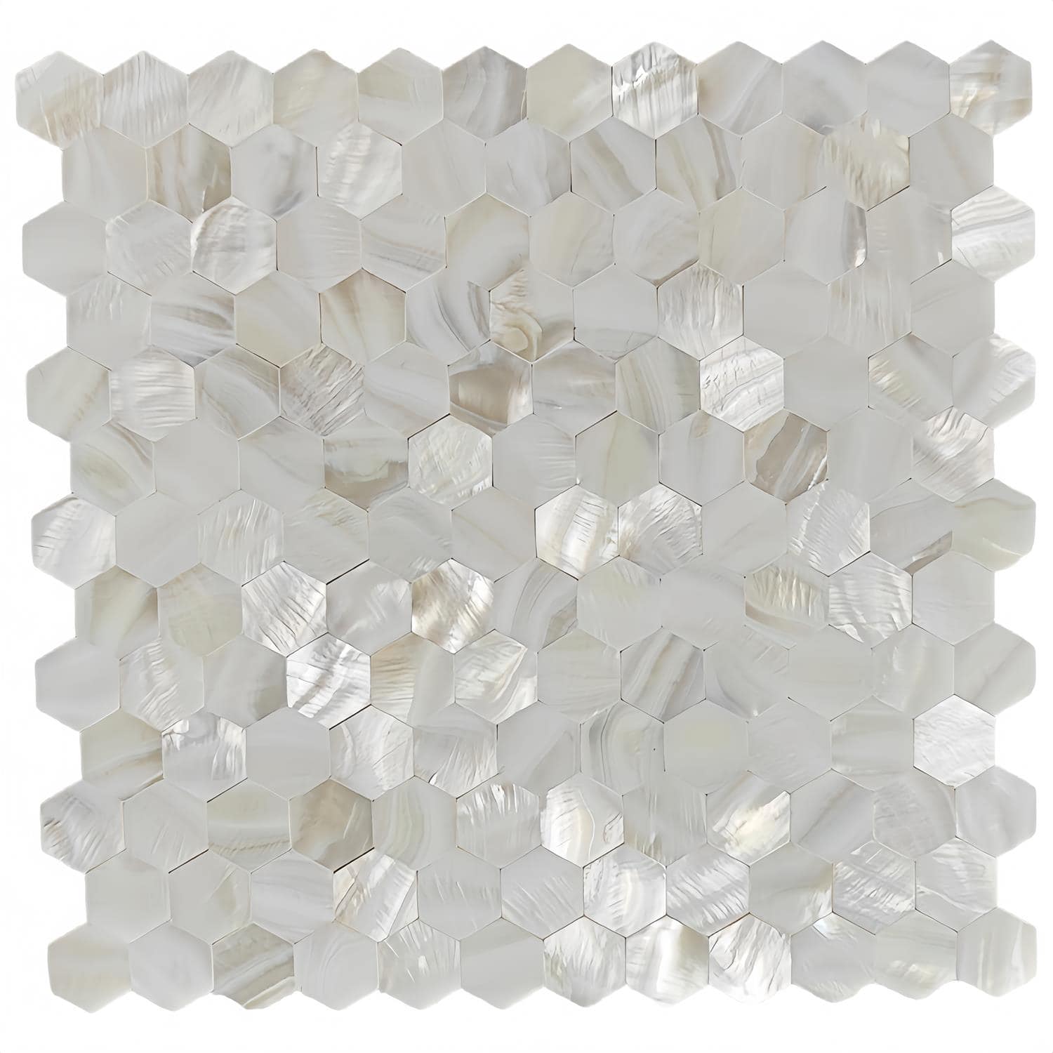 Mother of pearl shell tile with hexagonal shape, featuring iridescent, natural oyster shell patterns for elegant interior des.