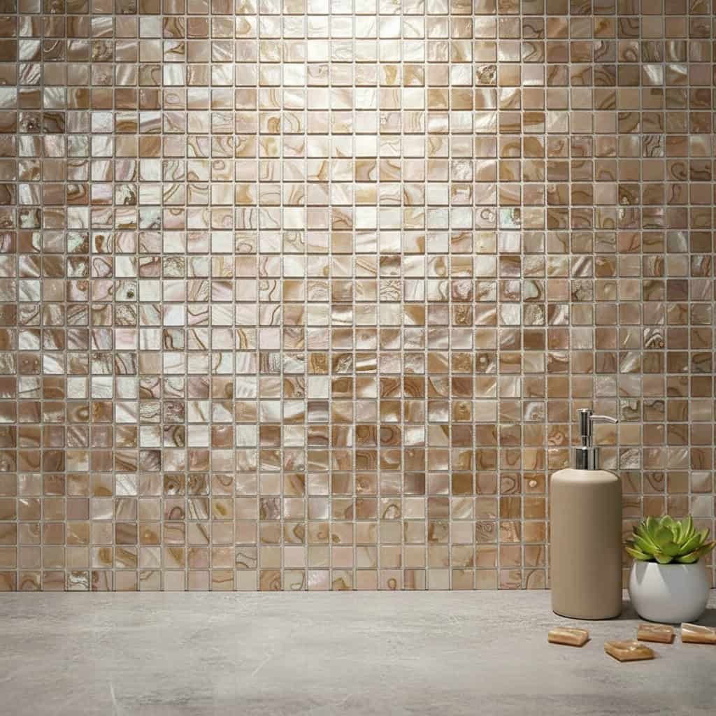 Shell tile wall with iridescent mother of pearl finish, perfect for elegant bathroom or kitchen backsplashes.