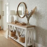 Decorative shell tile wall with mother of pearl and seashell accents in a modern interior.