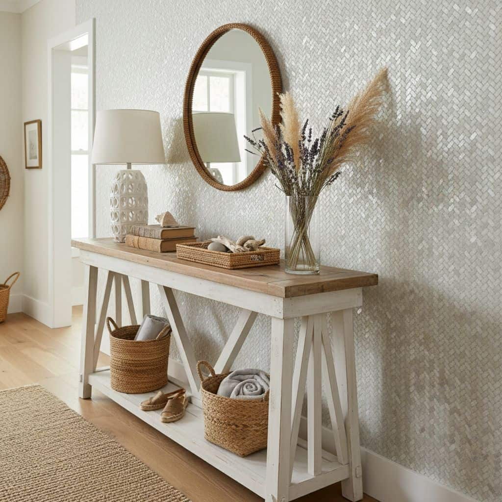 Decorative shell tile wall with mother of pearl and seashell accents in a modern interior.