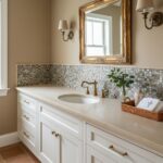 A bathroom vanity featuring a shell tile backsplash made of mother of pearl and oyster shells, adding a luxurious and natural.