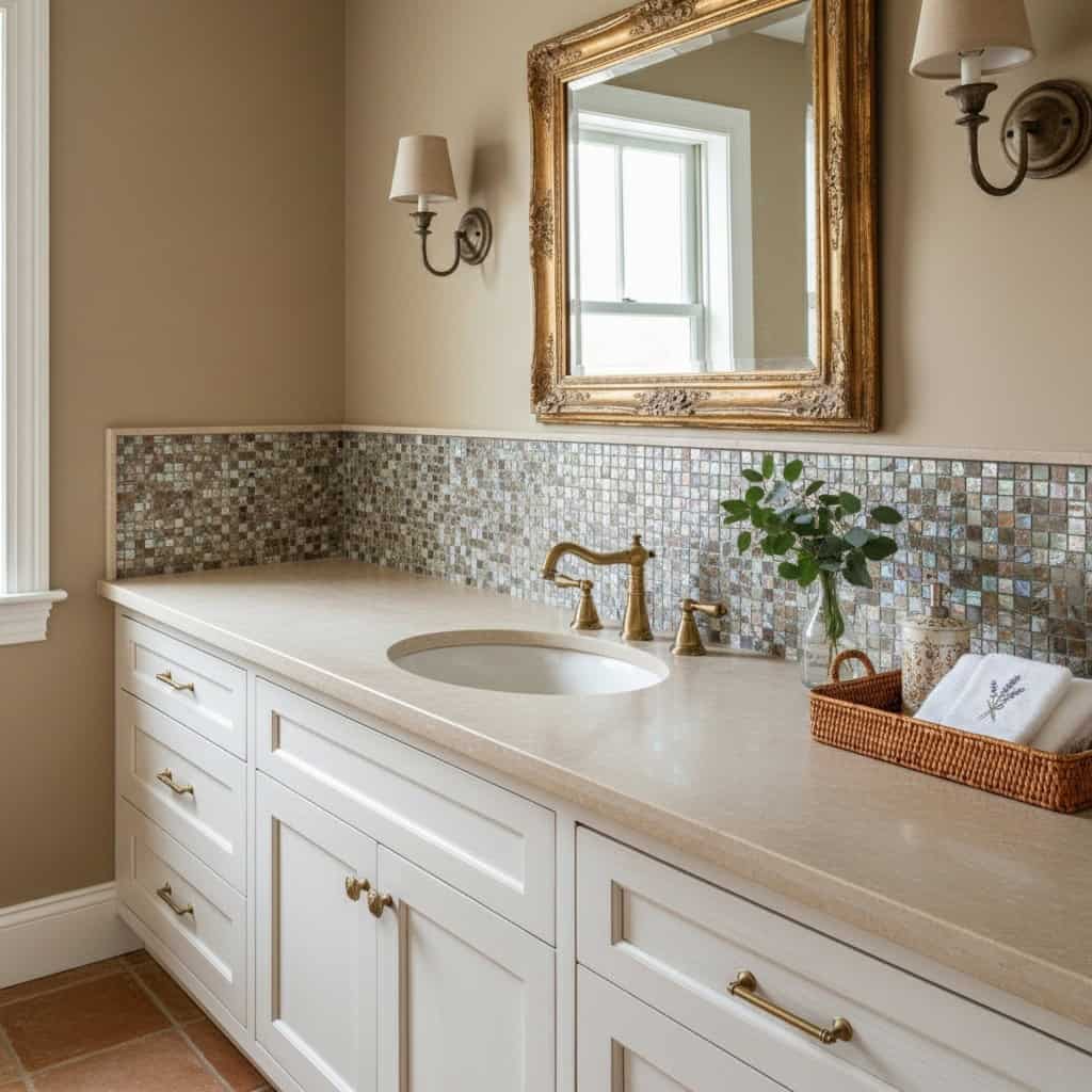 A bathroom vanity featuring a shell tile backsplash made of mother of pearl and oyster shells, adding a luxurious and natural.
