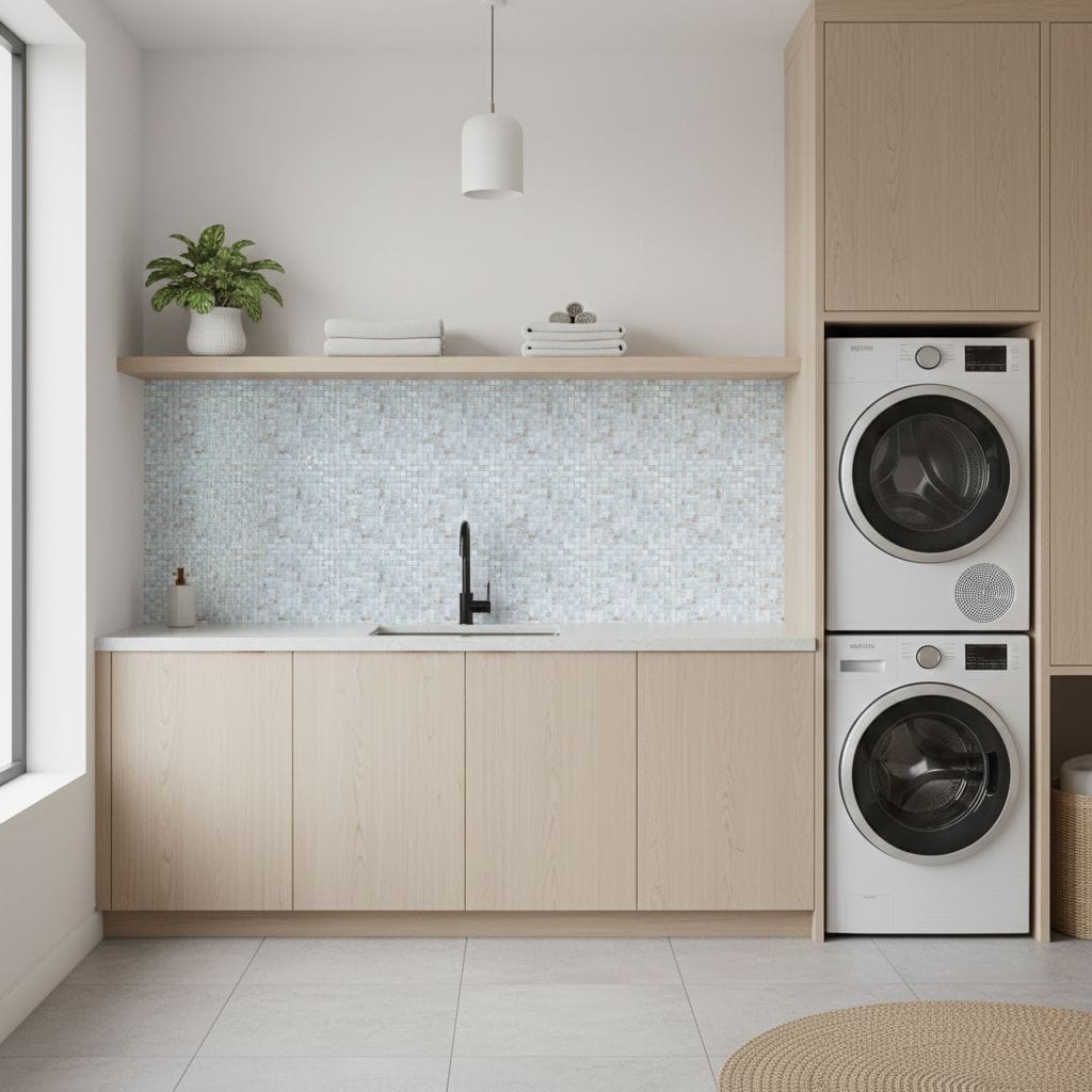 Glass tile backsplash behind the sink in a contemporary laundry room setting.