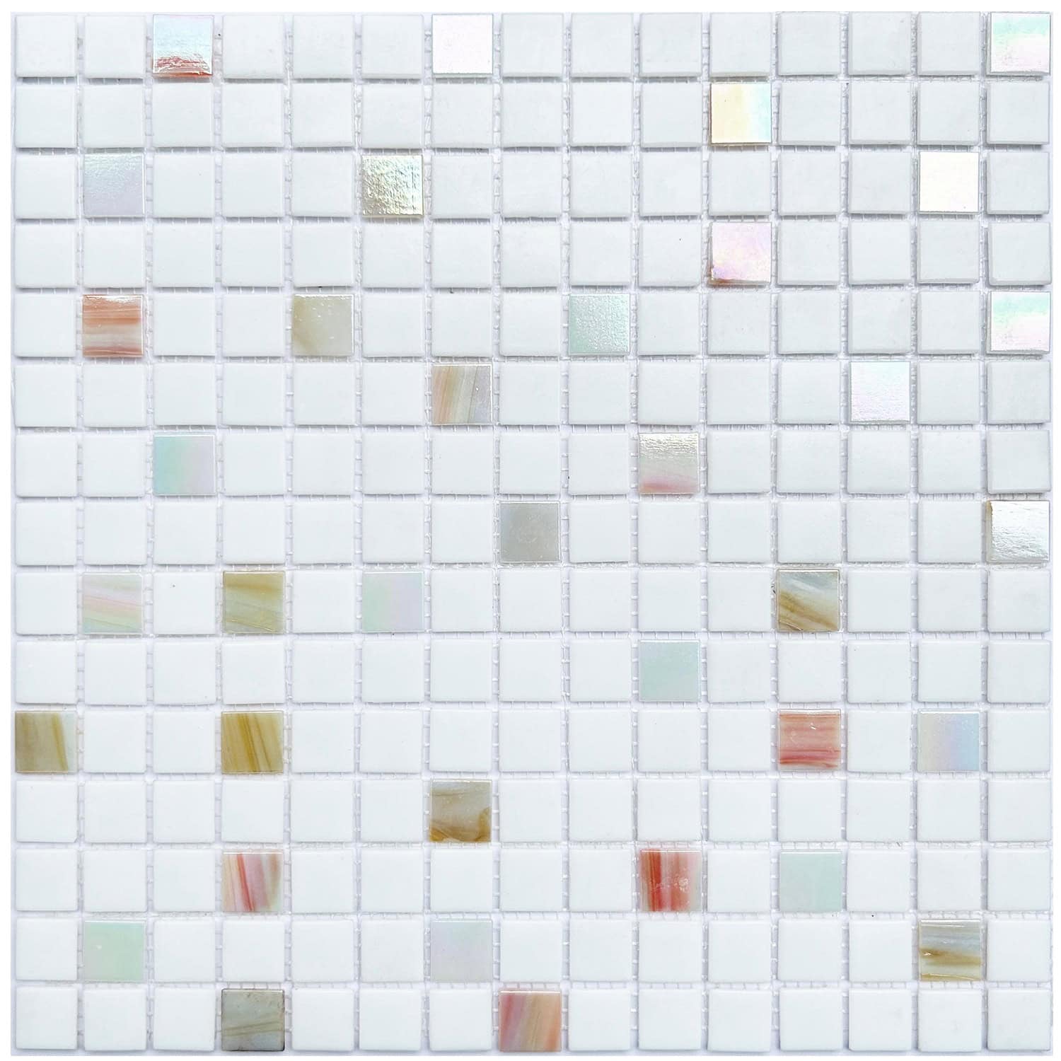 Up of a glass mosaic tile pattern featuring iridescent and colored tiles, ideal for backsplashes and pool designs.