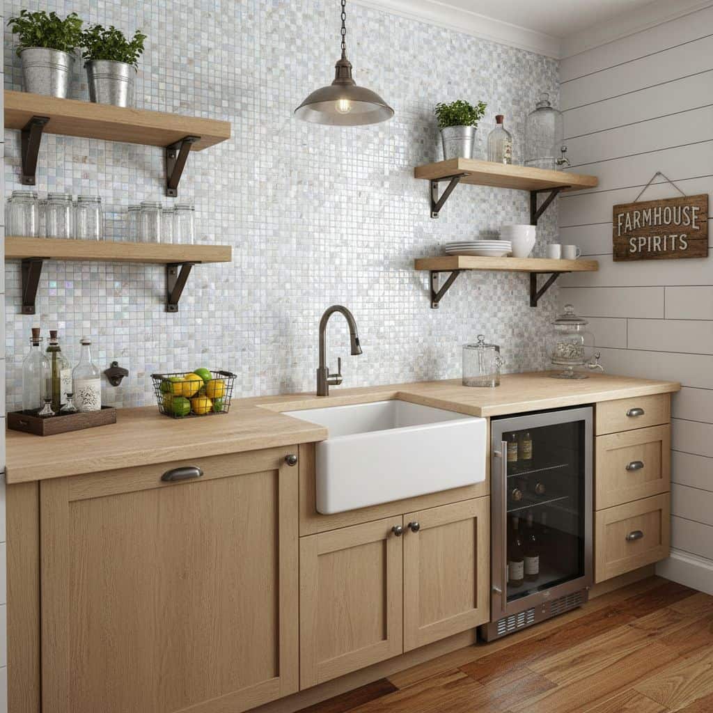 Bright kitchen with glass mosaic tile backsplash and wooden cabinetry.