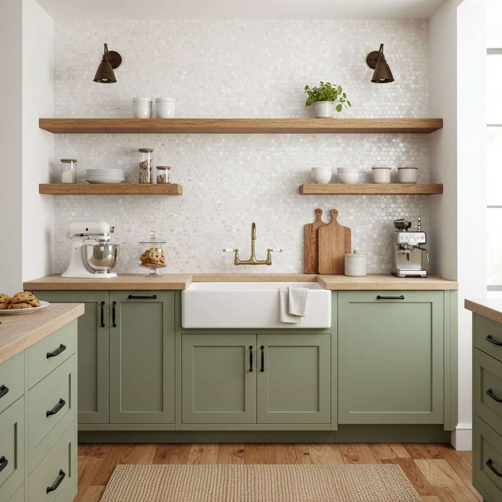 Mother of pearl shell tile backsplash in a modern kitchen with green cabinets and open wooden shelves.
