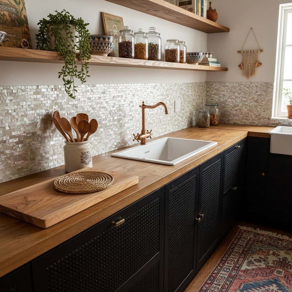 Up of a shell tile backsplash in a modern kitchen with wooden accents and black cabinetry.