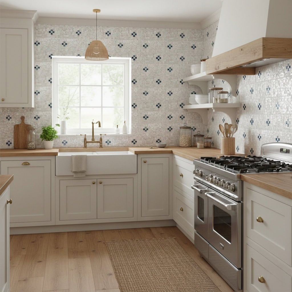 A bright kitchen featuring a beautiful shell tile backsplash with mother of pearl accents, creating a coastal-inspired aesthe.