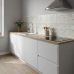 Mother of pearl shell tile backsplash in modern kitchen.