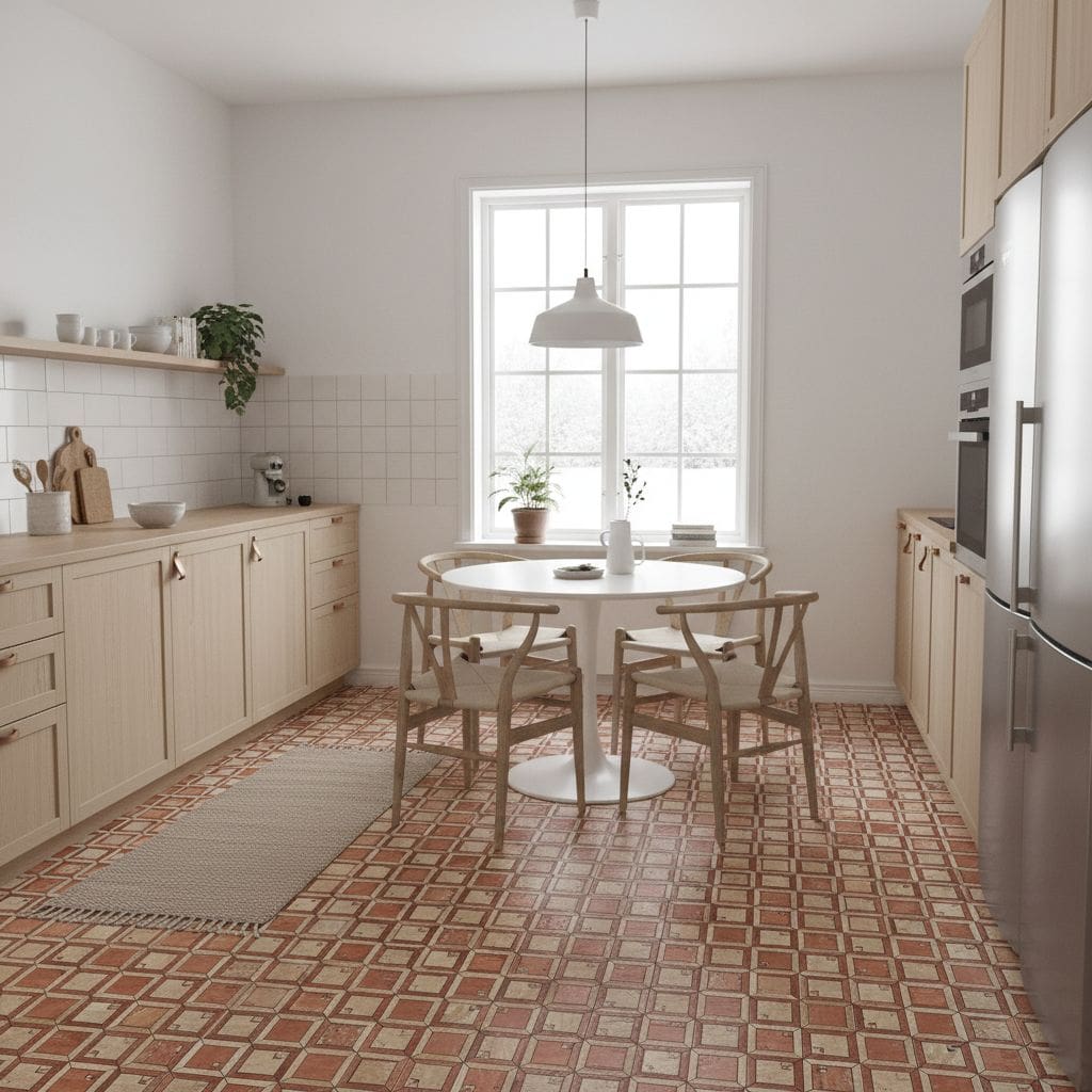 Bright, patterned ceramic tile flooring in warm reddish-brown tones.