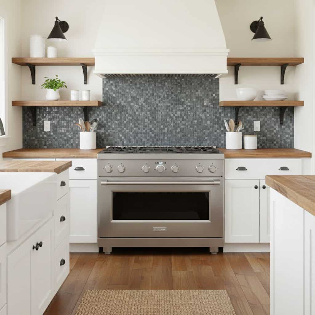 A modern kitchen featuring peel and stick tile backsplash with gray mosaic tiles, white cabinetry, and wooden open shelves.