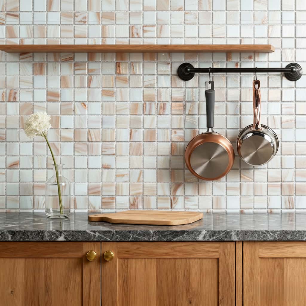 Glass tile backsplash with hanging pots and wooden shelf.