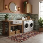 Laundry room with peel and stick wall tiles, washer, dryer, and decorative accents.