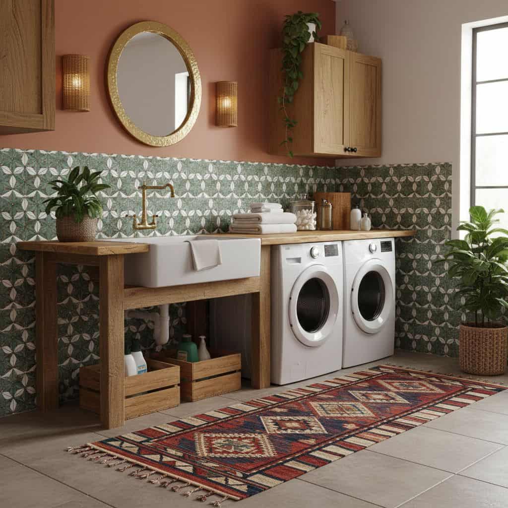 Laundry room with peel and stick wall tiles, washer, dryer, and decorative accents.