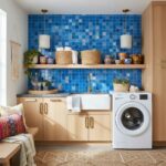 Blue glass tile backsplash behind sink and shelves in laundry room.