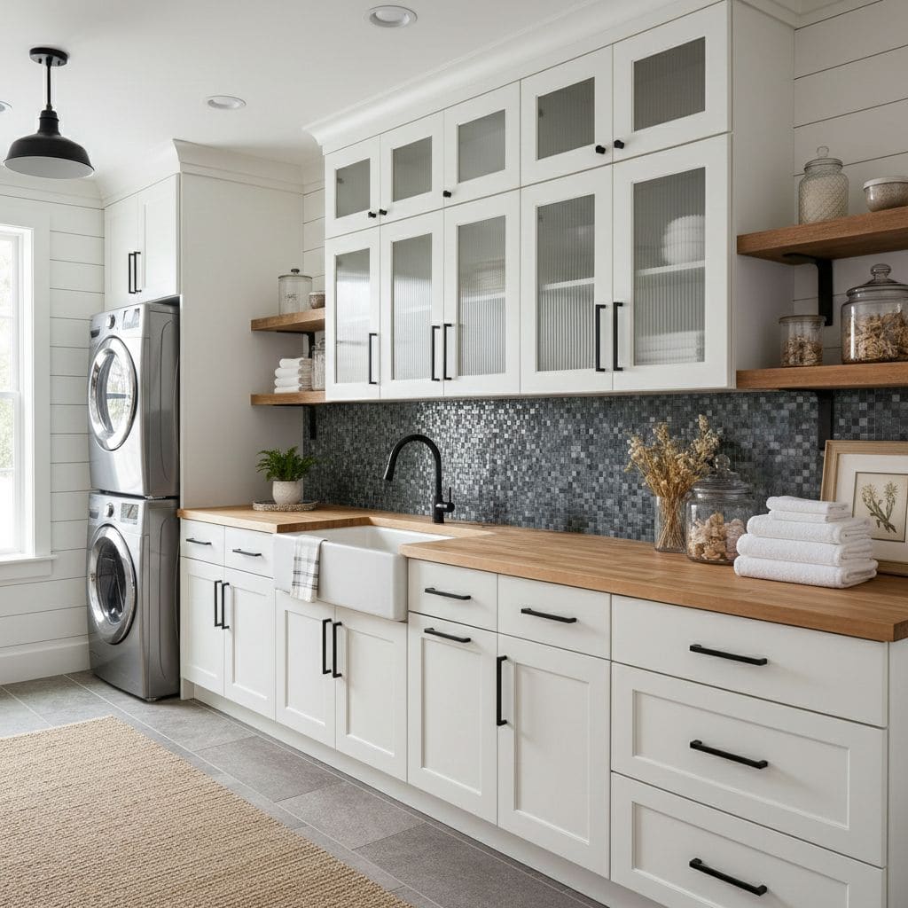 Image of a modern kitchen with peel and stick tile backsplash and white cabinetry.