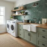 Laundry room with green peel and stick wall tiles, white washer and dryer, wooden shelves, and farmhouse sink.