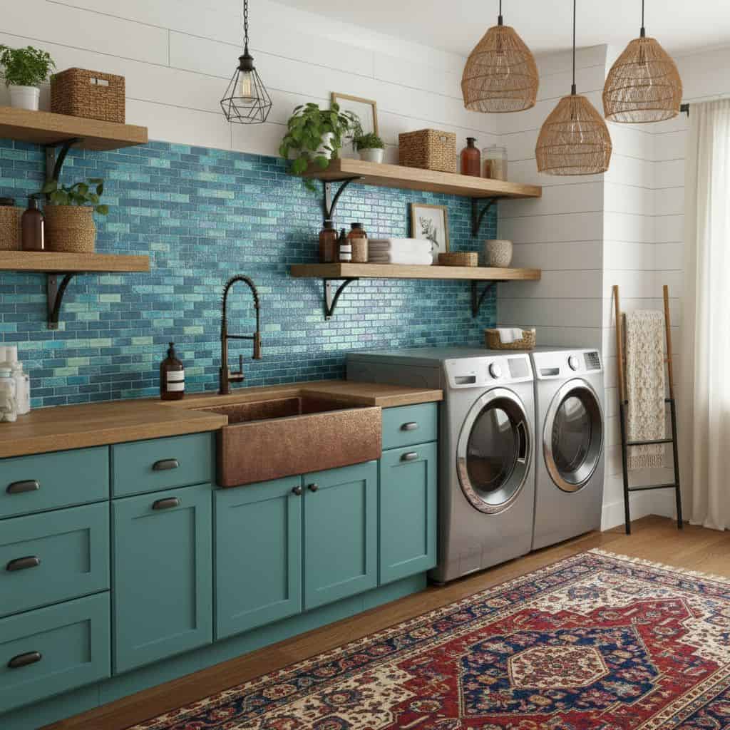 Bright laundry room featuring a striking blue glass tile backsplash behind the sink and washer/dryer. Modern, stylish, and ea.