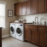 Laundry room with shell tile backsplash, wooden cabinets, and modern appliances.