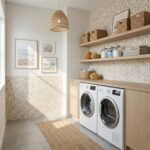 Mother of pearl shell tile in a laundry room with baskets and framed beach art.